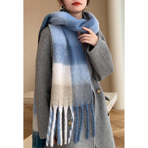 Women's Light Blue Winter Warm Long Shawl Cold Weather Thick Blanket Scarfs - Picture 2 of 4
